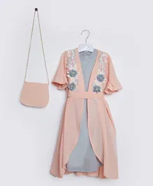 Amri Flower Patch Dress With Jacket - Peach