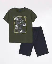 LC Waikiki Back The Game Graphic Crew Neck T-shirt & Shorts Set - Green & Blue