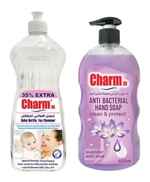 Charmm Combo Baby Bottle & Toy Cleanser of 1 Litres + Lavender Antibacterial Hand Soap of 650ml - Pack of 2