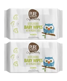 Pure Beginnings Biodegradable Organic Baby Wipes With Organic Aloe 64 Pieces Per Pack - Pack Of 2