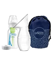 Dr Brown's Milk Flow One Piece Silicone Breast Pump with Narrow Options Plus Feeding Bottle & Travel Bag