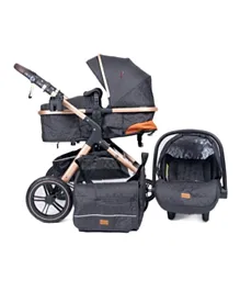 Belecoo One Fold-To-Half 3 In 1 Luxury Pram With Car Seat & Diaper Bag - Black