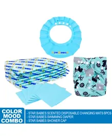 Star Babies Combo Pack of Reusable Swim Diaper + Changing Mats + Shower Cap - Blue