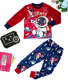 Babyqlo Cotton Stretch Cosmic Space Glow-in-the-Dark Full Sleeves Graphic T-Shirt & All Over Printed Pyjama Set - Red & Blue