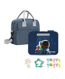 Eazy Kids Space UAE 6 & 4 Convertible Bento Lunch Box with Lunch Bag and Sandwich Cutter Set, BPA-Free, Dishwasher-safe, Leakproof, 5 Years+ - Blue