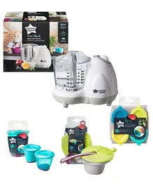 Tommee Tippee Baby Food Blender + Pack of 4 Pop Up Freezer Pots & Tray + 1 Weaning Bowl + 1 Storage Pots - White