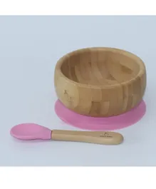 Mori Mori Round Suction Bamboo Bowl with Spoon – Pink
