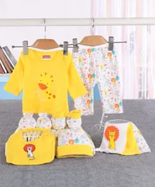 Babyhug 100%Cotton Clothing Gift Set Lion Print Pack of 9 - White Yellow