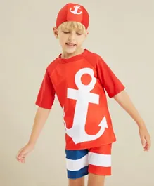 Kookie Kids Half Sleeves Two Piece Swimsuit With A Cap - Red