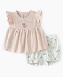 Tiny Hug Cats Printed & Embroidered Top & Shorts Set - Beige & White