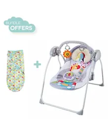 Moon Bungee Baby Electric Swing With Music Grey + Moon 100% Organic Swaddle - Blue