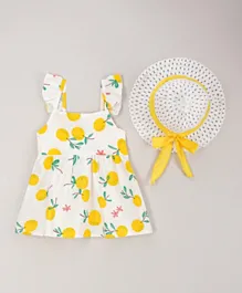 Kookie Kids Fruit Printed Dress With Hat - Yellow