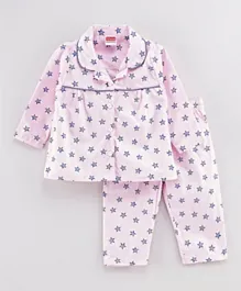 Babyhug Woven Full Sleeves Night Suit Star Print - Pink