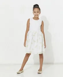 نيون فستان بتصميم زهور فلورية وقصة منفوشة - أبيض