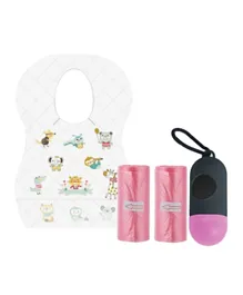 Star Babies Combo Pack of Disposable Bibs Animal Print + Scented Bag + Dispenser - Pink