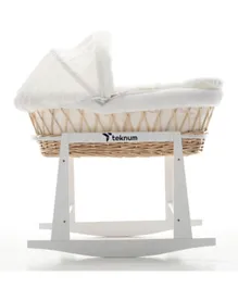 Teknum Infant Wicker Moses Basket with White Waffle Beddings & White Rocker Stand - Wooden Brown