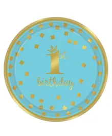 Party Centre 1st Birthday Blue & Gold Round Metallic Paper Plates - Pack of 8