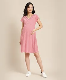Bella Mama Half Sleeves Striped Maternity Dress - Red