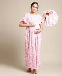 Bella Mama Flared Sleeves Maternity Nighty Floral Print - Pink
