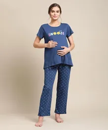 Bella Mama Half Sleeves Maternity Night Suit Snooze Print - Navy