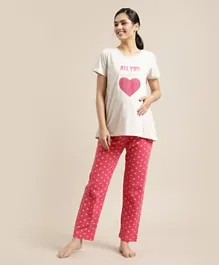 Bella Mama Half Sleeves Maternity Night Suit Heart Print - Pink