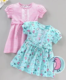 Babyoye Cotton Blend Short Sleeves Frock Pack of 2 - Pink Blue