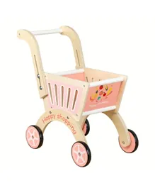 فاكتوري برايس - عربة تسوق خشبية للعب التظاهر مع مشاية للأطفال - وردي
