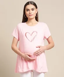 Bella Mama Half Sleeves Maternity Top Heart Print - Pink