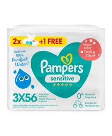Pampers Senstive Protect Baby Wipes with 100% Purified Water Pack of 3 -  168 Pieces