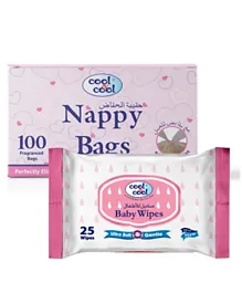 Cool & Cool 100 Nappy Bags + 25 Baby Wipes Pack - Pink