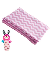 Moon Combo Pink Zig Zag  Soft Stretchy Knitted Cotton Swaddle + Bunny Pull String Musical Clip-On Toy