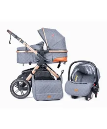 Belecoo One Fold-To-Half 3 In 1 Luxury Pram With Car Seat & Diaper Bag - Grey
