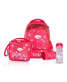 Eazy Kids Tropical Flamingo School Bag Kit with Lunch Bag, Pencil Case, Water Bottle 420ml, and Lunch Bag, 5 Years+, Pink - 17 Inch