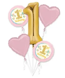 Party Centre  1st Birthday Girl Pink & Gold Balloon Bouquet - Pack of 5