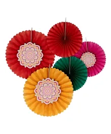Ginger Ray Elegant Diwali Hanging Paper Fans, Vibrant Patterns, 5-Pack, for Ages 8+