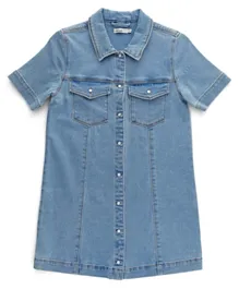 Little Pieces Collar Neck Denim Shirt Dress - Light Blue