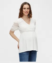 Mamalicious Lace Detail V Neck Maternity Top - White