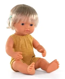 Miniland Caucasian Girl Hearing Implant With Ochre Romper Baby Doll - 38 cm