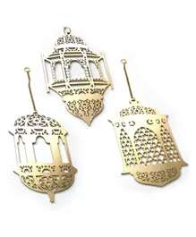 Eid Party Gold Wooden Lantern Hanging Decoration Assorted Designs - Pack of 3