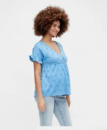 Mamalicious V Neck Frilled Sleeves Top - Blue