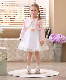 Smart Baby Flower Applique Tulle Party Dress With Printed Jacket - White & Pink