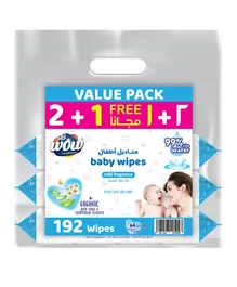 Wow Mild Fragrance Baby Wipes 2 + 1 Free Value Pack - 192 Pieces