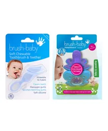 Brush-baby Soft Teether Brush For Babies And Toddlers + MolarMunch Teether x 2 - Blue/Purple