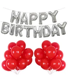 Party Propz Happy Birthday Letters Silver Foil Balloons with Red Latex Balloons Combo - Pack of 64