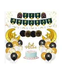 Party Propz Eid Mubarak Banner With Eid Mubarak Balloons Gold & Black - 39 Pieces