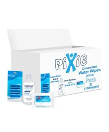 Pixie Water Wipes Pack of 108 Wipes + Vibrant Sanitizers 100ml x 3 + Nappy Bags 180 Bags - Value Pack