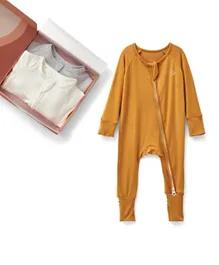 Anvi Baby Bamboo Spandex Zipper Sleepsuit White Grey & Mustard - 3 Piece