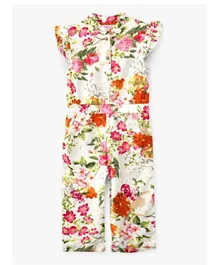 Jelliene All Over Floral Print Front Open Frilled Jumpsuit - White