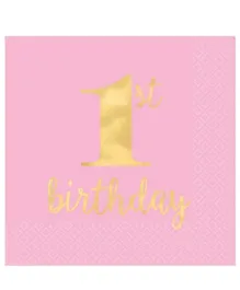 Party Centre 1st Birthday Pink & Gold Beverage Napkin - 16 Pieces