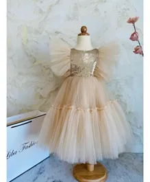 Liba Fashion Huda  Flutter Sleeves Fluffy Sequined Party Dress - Beige